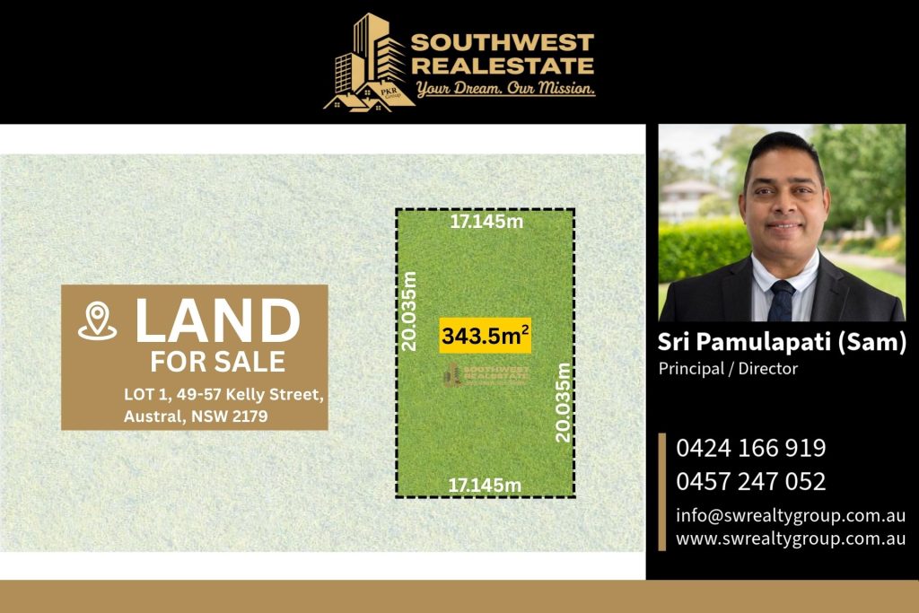 Lot 1, 49–57 Kelly Street, Austral NSW 2179 with 343.5m² residential land for sale by Southwest Real Estate Group.