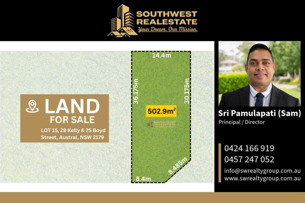 Lot 15, 29 Kelly Street and 25 Boyd Street, Austral NSW 2179 with 502.9m² residential land for sale by Southwest Real Estate Group.