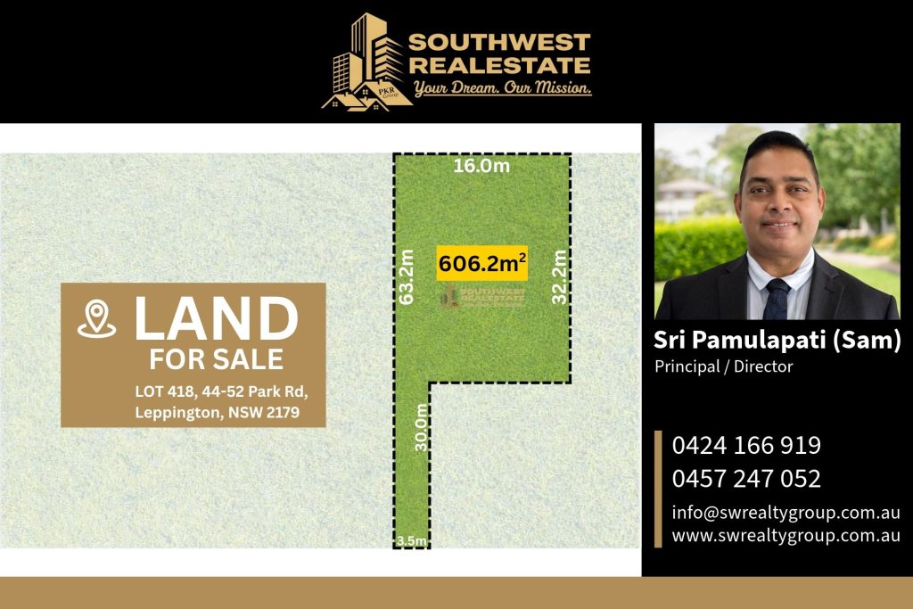 Lot 418, 44–52 Park Road, Leppington NSW 2179 with 606.2m² residential land for sale by Southwest Real Estate Group.