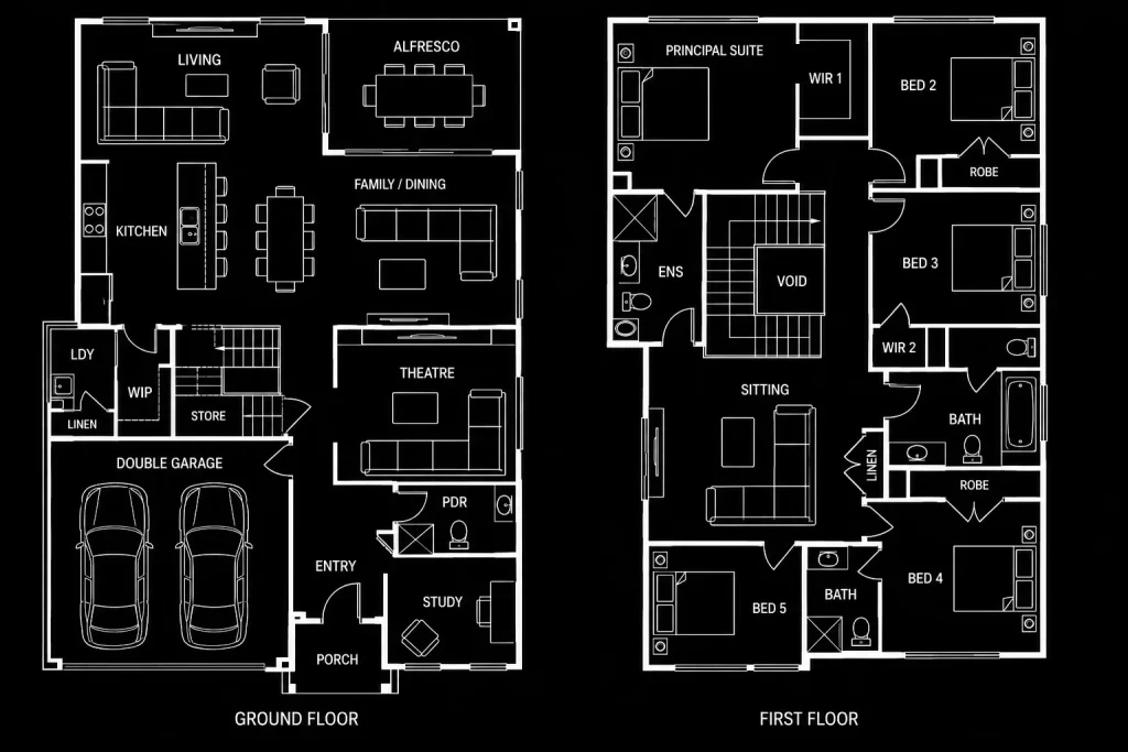 Ground and first floor plan of the 5-bedroom house for sale at 5 Koroneons Street, Leppington NSW 2179.