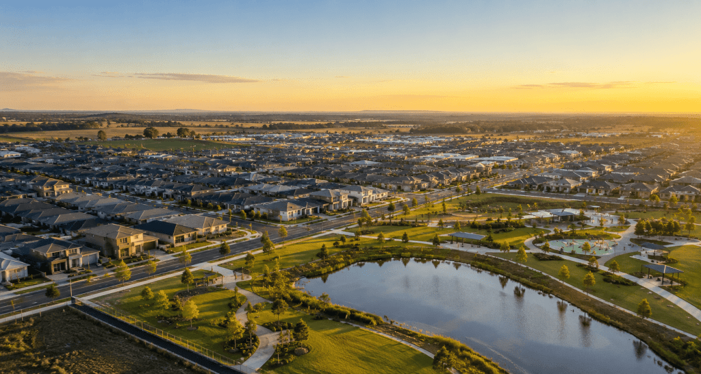 Real Estate Agents in Austral NSW overlooking modern homes and residential community