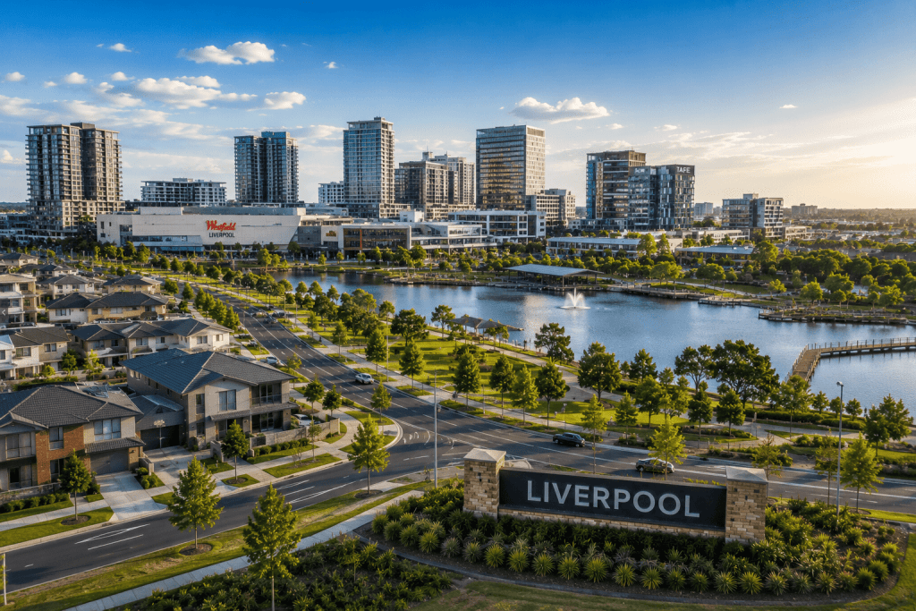 Trusted Real Estate Agents in Liverpool NSW showcasing the city skyline, modern homes and local community